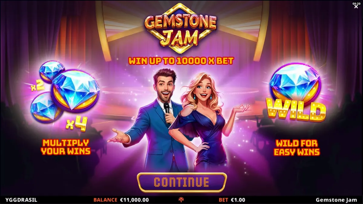 Tampilan layar permainan slot Gemstone Jam dengan simbol permata dan latar belakang panggung kuis mewah