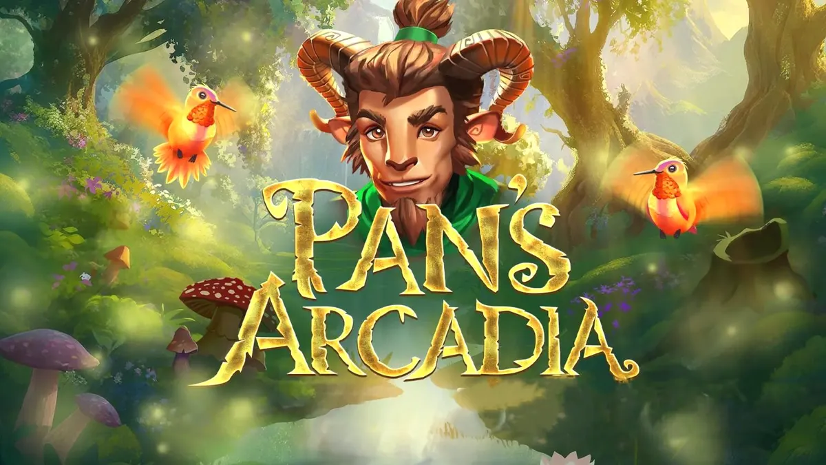 Pemandangan hutan mistis dalam slot Pan’s Arcadia dengan simbol mitologi Yunani.